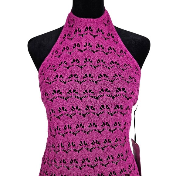 Womens 1X Crochet Halter Midi Bodycon Dress Tie Back In Magenta Sexy Beach - Picture 7 of 11